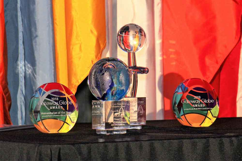 World Affairs STL Gateway Globe Awards Displayed on Table